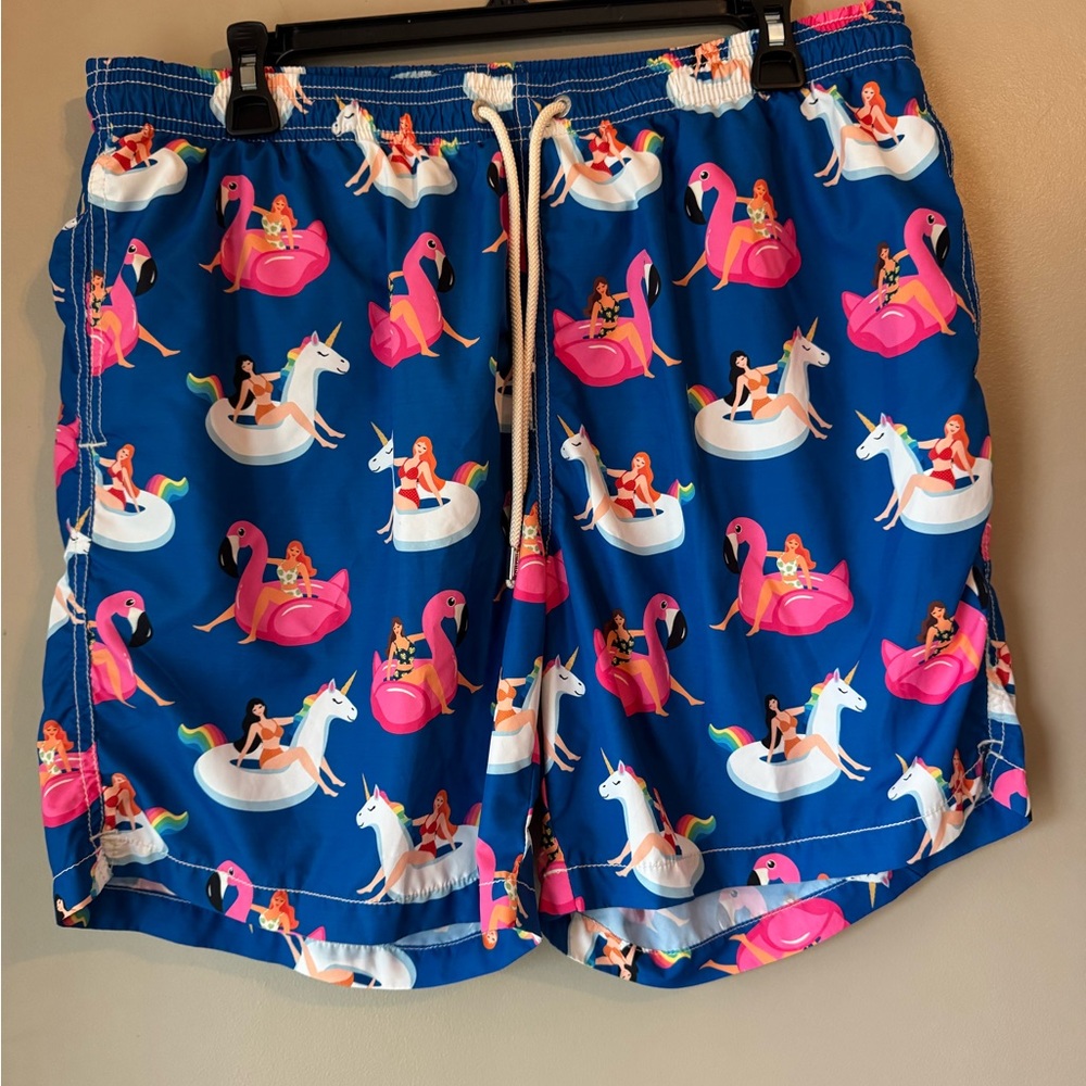 MC2 Saint Barth Blue Flamingo Unicorn Print Swim Trunks XXL Folds up in a Pack